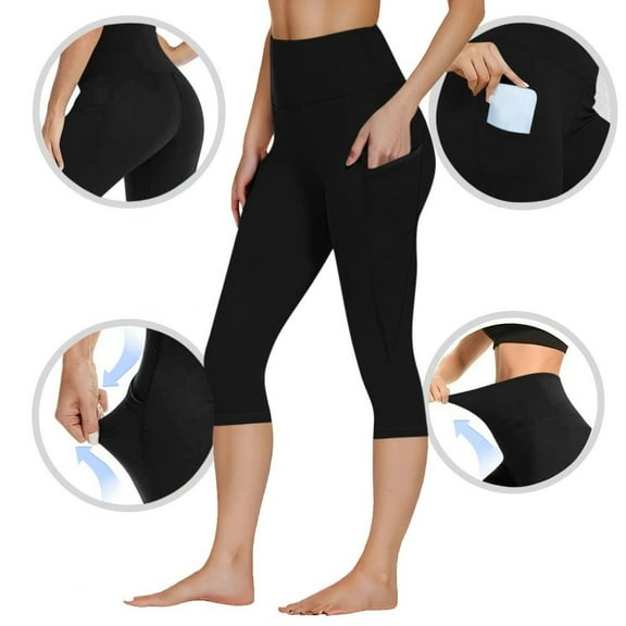 POROPL Black Leggings Women Capri Athletic Workout Gym Sports Running Yoga Leggings with Pockets