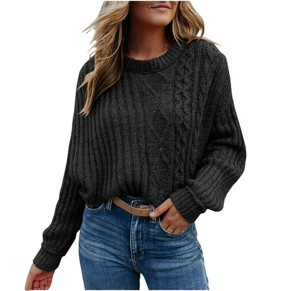 POROPL Black Sweaters for Women Long Sleeve Crew Neck Sweater Casual Knitted Top Pullover Size S-XXL