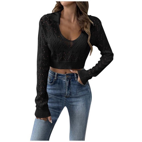 POROPL Black Sweaters for Women Long Sleeve Cropped Sweater Casual Hollow Knitted Blouse Top,Lightweight,Size S-XL