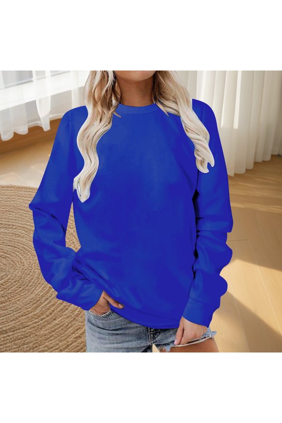 Blue Sweatshirts for Women Plain Crew Neck Sweatshirts Casual Long Sleeve Pullover Tops