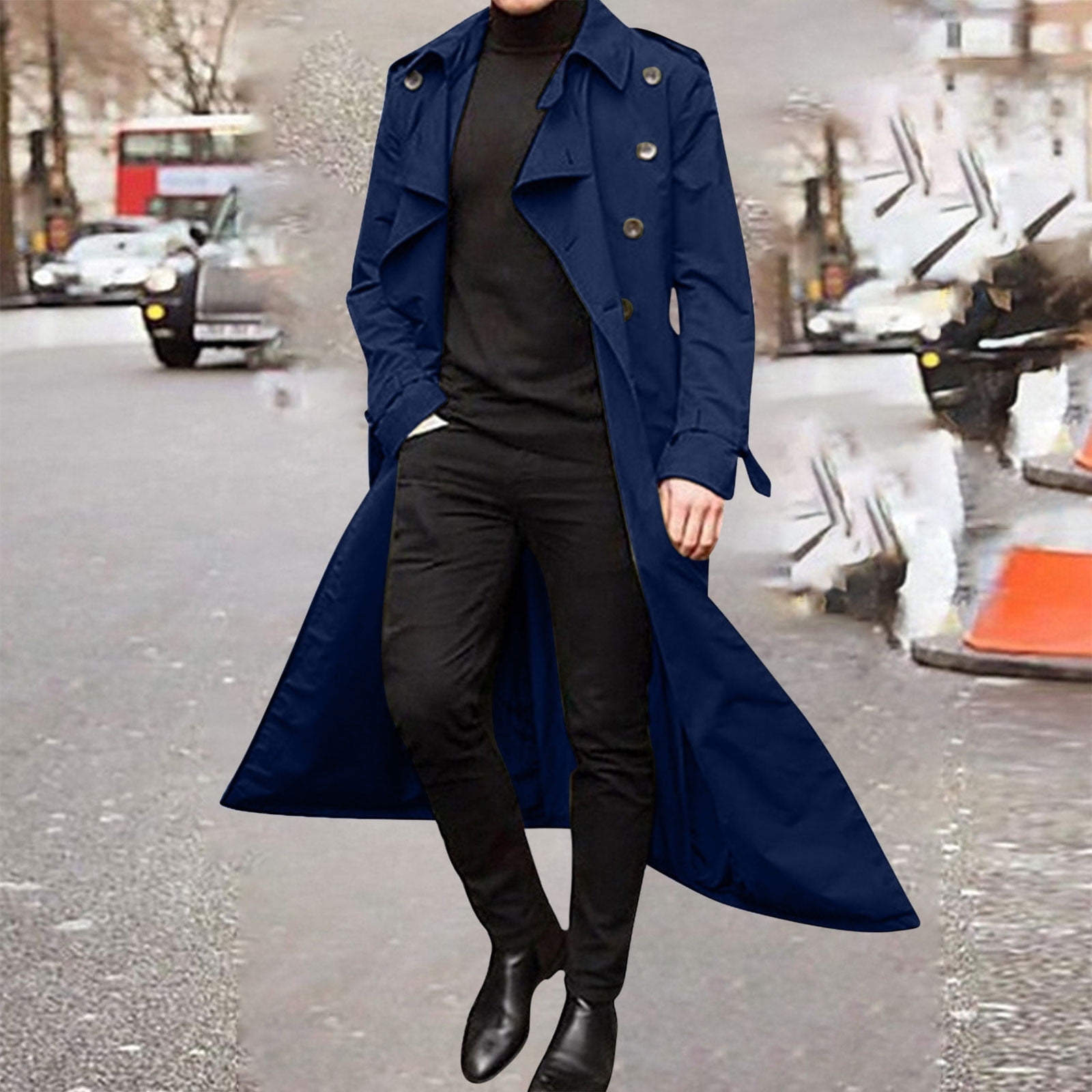 POROPL Blue Trench Coat Men Winter Solid Color Warm Lapel Coat
