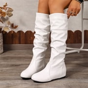 POROPL Winter Boots for Women Mid-Calf Fashion Casual Knee-High Flat Heel Boots