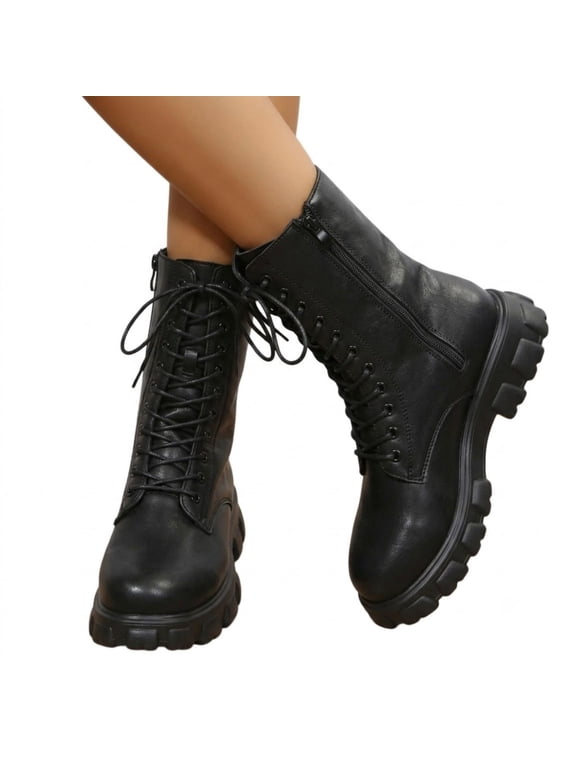 Boots for Women,Lace Up Combat Ankle Boots Chunky Platform Thick Sole Side Zipper Boots