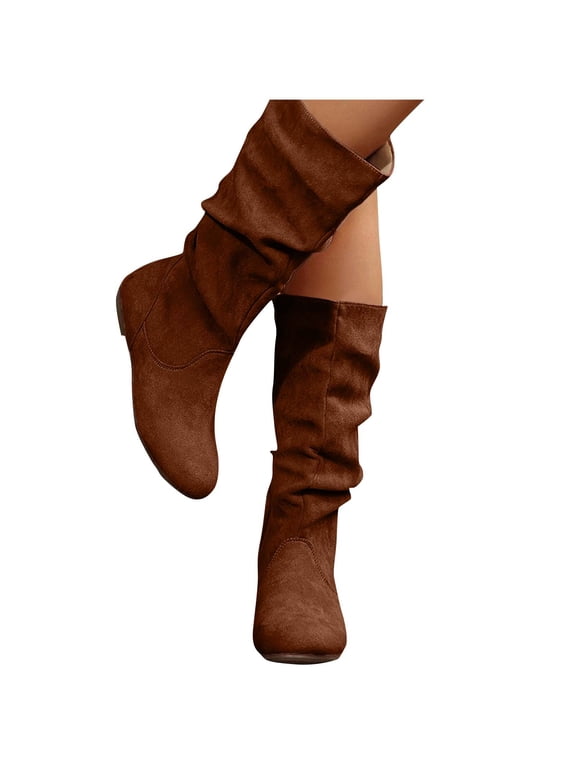 Boots for Women,Mid Calf Boots Slouch Flat Heel with Side Zipper Fashion Slip-On Boots
