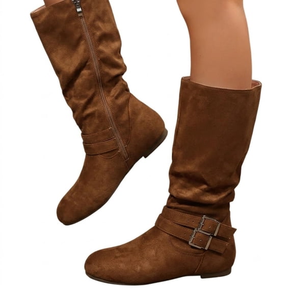 POROPL Boots for Women,Mid Calf Boots Slouch Low Heel Side Zipper Fashion Ankle Buckle Boots