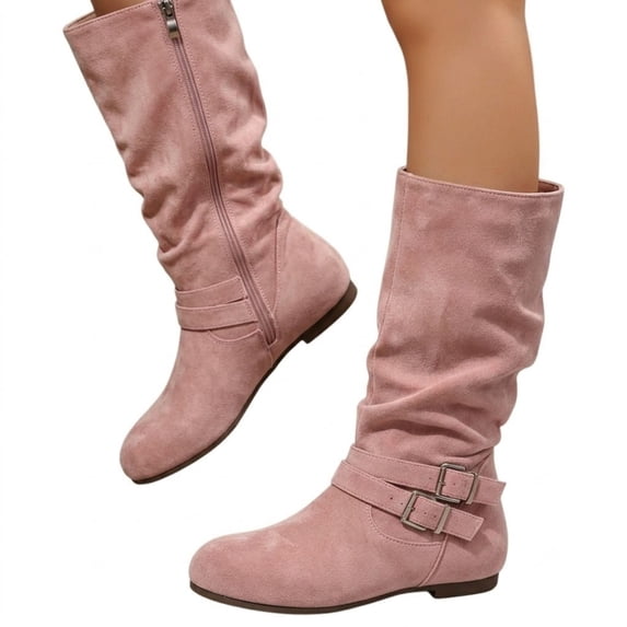 POROPL Boots for Women,Mid Calf Boots Slouch Low Heel Side Zipper Fashion Ankle Buckle Boots