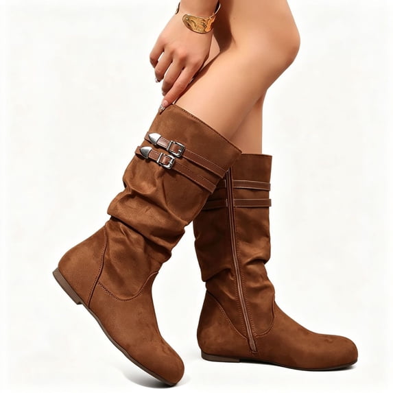 POROPL Boots for Women, Mid Calf Slouch Boots with Double Buckle Side Zipper, Flat Round Toe