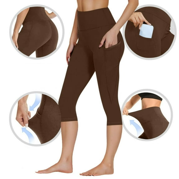 POROPL Brown Leggings for Women Capri Athletic Workout Gym Sports Running Yoga Leggings with Pockets