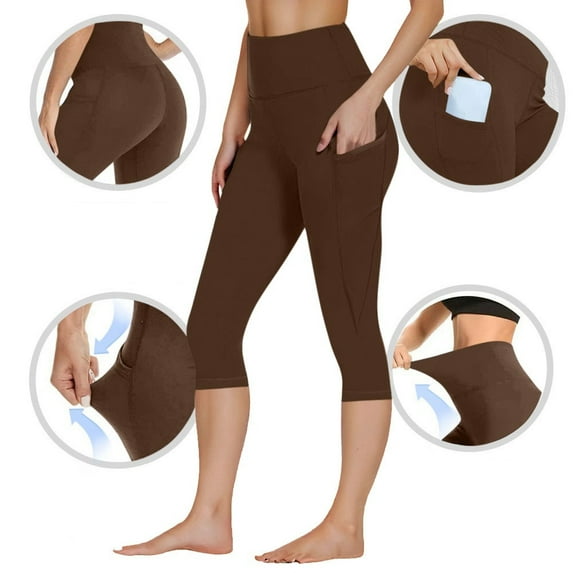 POROPL Brown Leggings for Women Capri Athletic Workout Gym Sports Running Yoga Leggings with Pockets