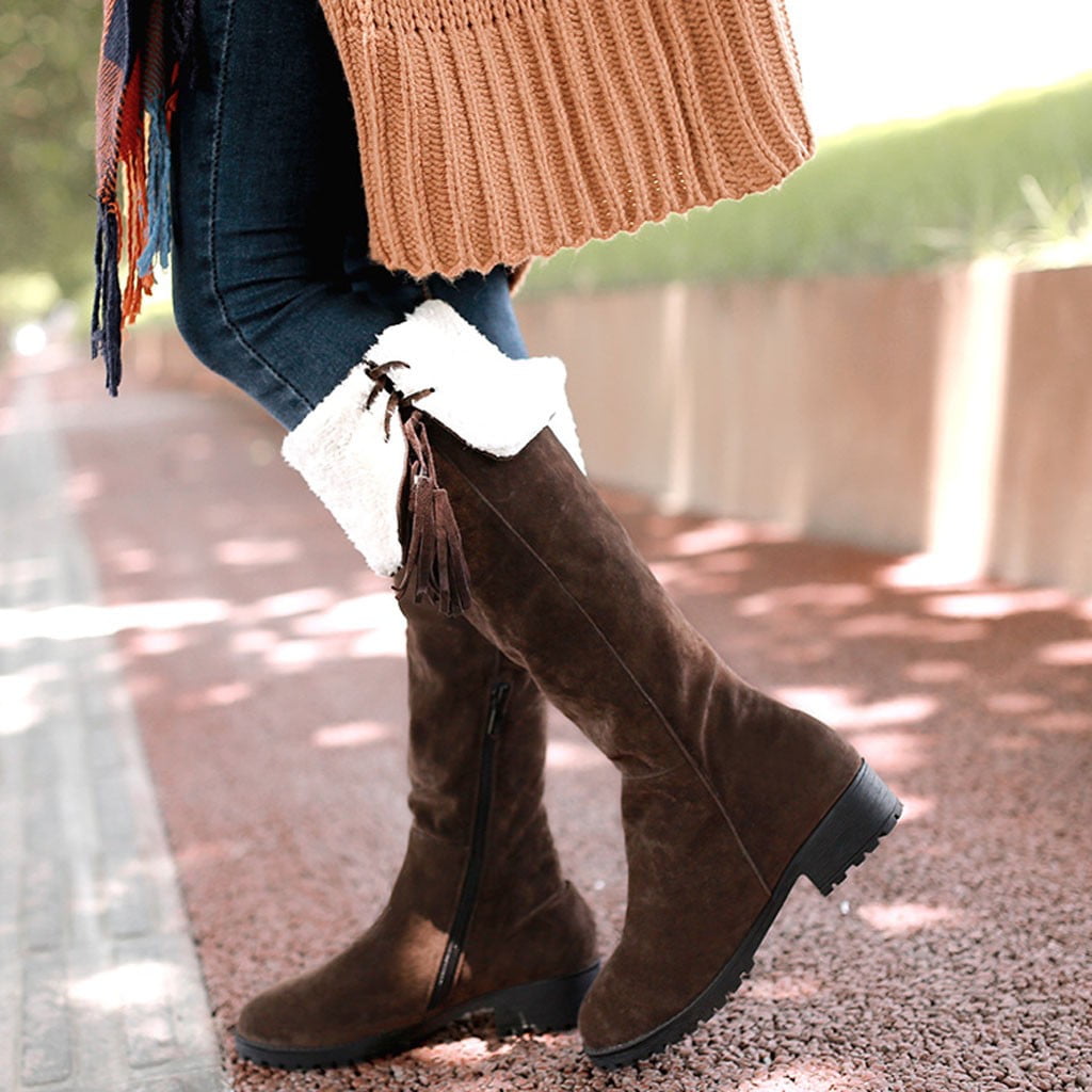 POROPL Brown Long Boots for Women Knee High Winter Plus Size Flat Pointed Toe Knee High Warm Fringe Boots for Lady Size 40 US 8.5 Walmart Business Supplies