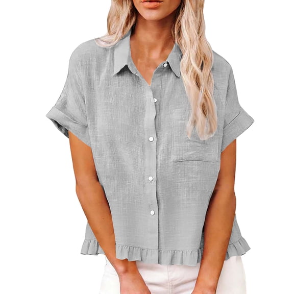 POROPL Button Down Shirts for Women Short Sleeve Loose Fit Ruffle Hem Casual Linen Tops Summer
