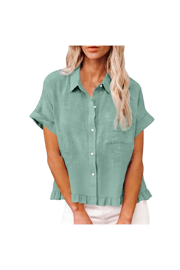 Button Down Shirts for Women Short Sleeve Loose Fit Ruffle Hem Casual Linen Tops Summer