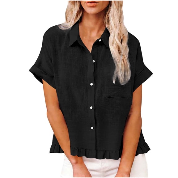 POROPL Button Down Shirts for Women Short Sleeve Loose Fit Ruffle Hem Casual Linen Tops Summer