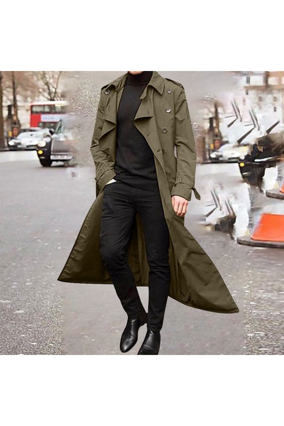 Camouflage Trench Coat for Men Winter Solid Color Warm Lapel Coat Business Long Trench Coat Size L