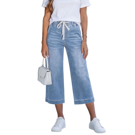 POROPL Capris for Women Jeans,Wide Leg Drawstring Elastic Waist Jeans with Pockets Summer Pants