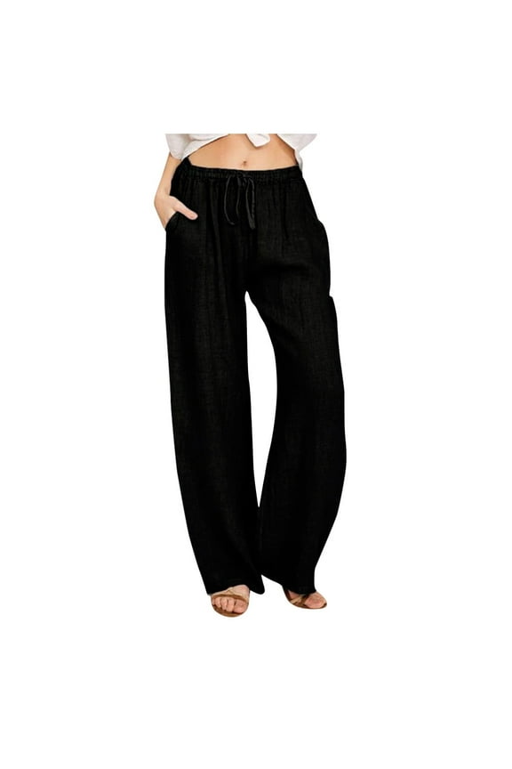 Cargo Pants for Women Under $20,Plus Size Casual Loose Cotton Linen Solid Wide Leg Drawstring Elastic Waist Pants Photo-Ready Outfits Black Size 2XL
