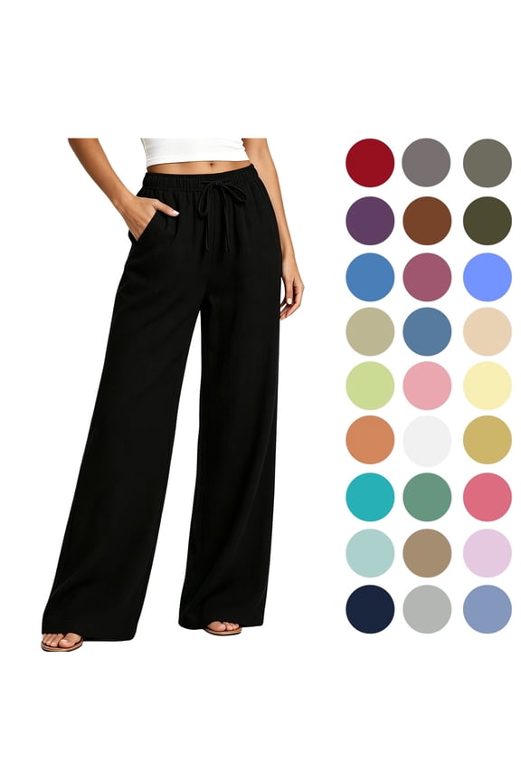 Womens Pants, Casual Loose Cotton-Linen Wide Leg Drawstring Elastic Waist, Black, Size L