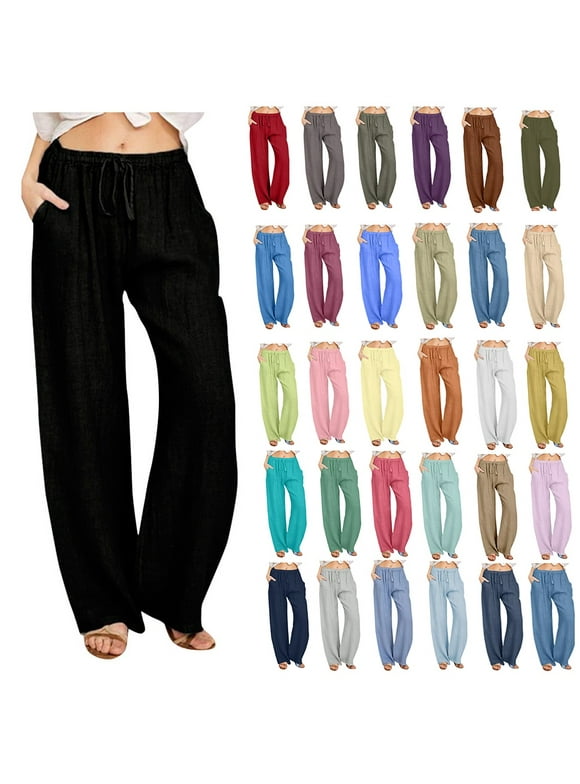 Women's Cargo Pants, Casual Loose Cotton-Linen Wide Leg Drawstring Elastic Waist, Black, Size L