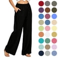 thumbnail image 1 of POROPL Womens  Pants, Casual Loose Cotton-Linen Wide Leg Drawstring Elastic Waist, Black, Size L, 1 of 6