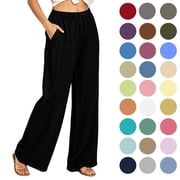 POROPL Womens Pants, Casual Loose Cotton-Linen Wide Leg Drawstring Elastic Waist, Black, Size L