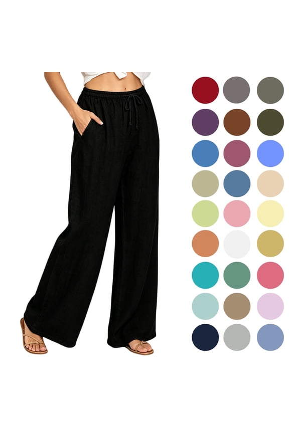 Womens Pants, Casual Loose Cotton-Linen Wide Leg Drawstring Elastic Waist, Black, Size L