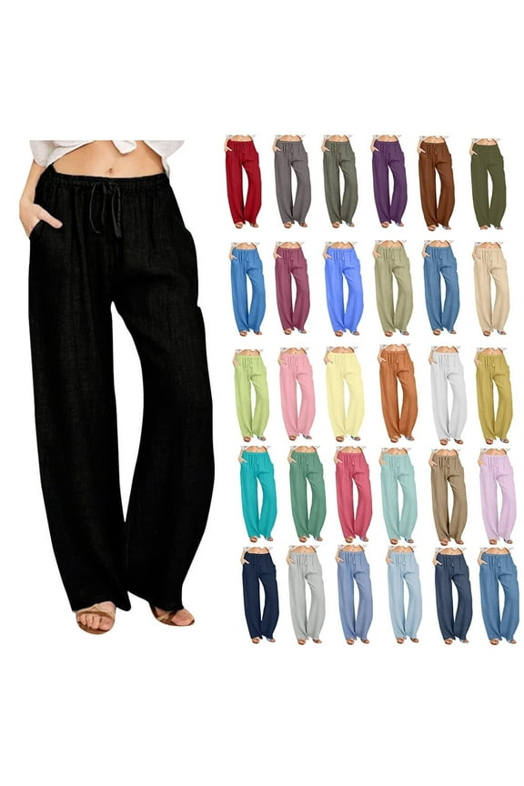 Cargo Pants for Women Under $20,Casual Loose Cotton Linen Solid Wide Leg Drawstring Elastic Waist Woman Dresses Pants Black Size XL