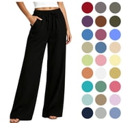 POROPL Womens Pants,Cotton-Linen Wide Leg Drawstring Elastic Waist Pants with Pockets,Black,Size XL