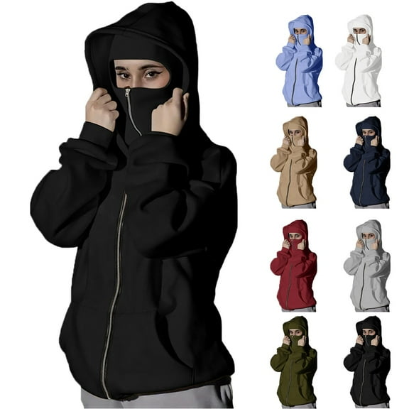 POROPL Balaclava Hoodies Sweatshirts for Women Zip Up(Double Hooded) with Mask Windproof Coat