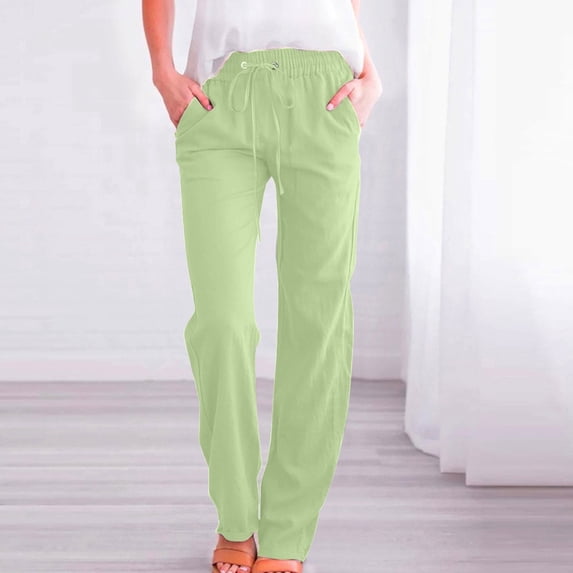 POROPL Cotton Linen Pants Women Drawstring Loose Straight Leg Pants(Work,Beach Vacation)