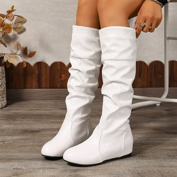 POROPL Winter Boots for Women Mid-Calf Fashion Casual Knee-High Flat Heel Boots
