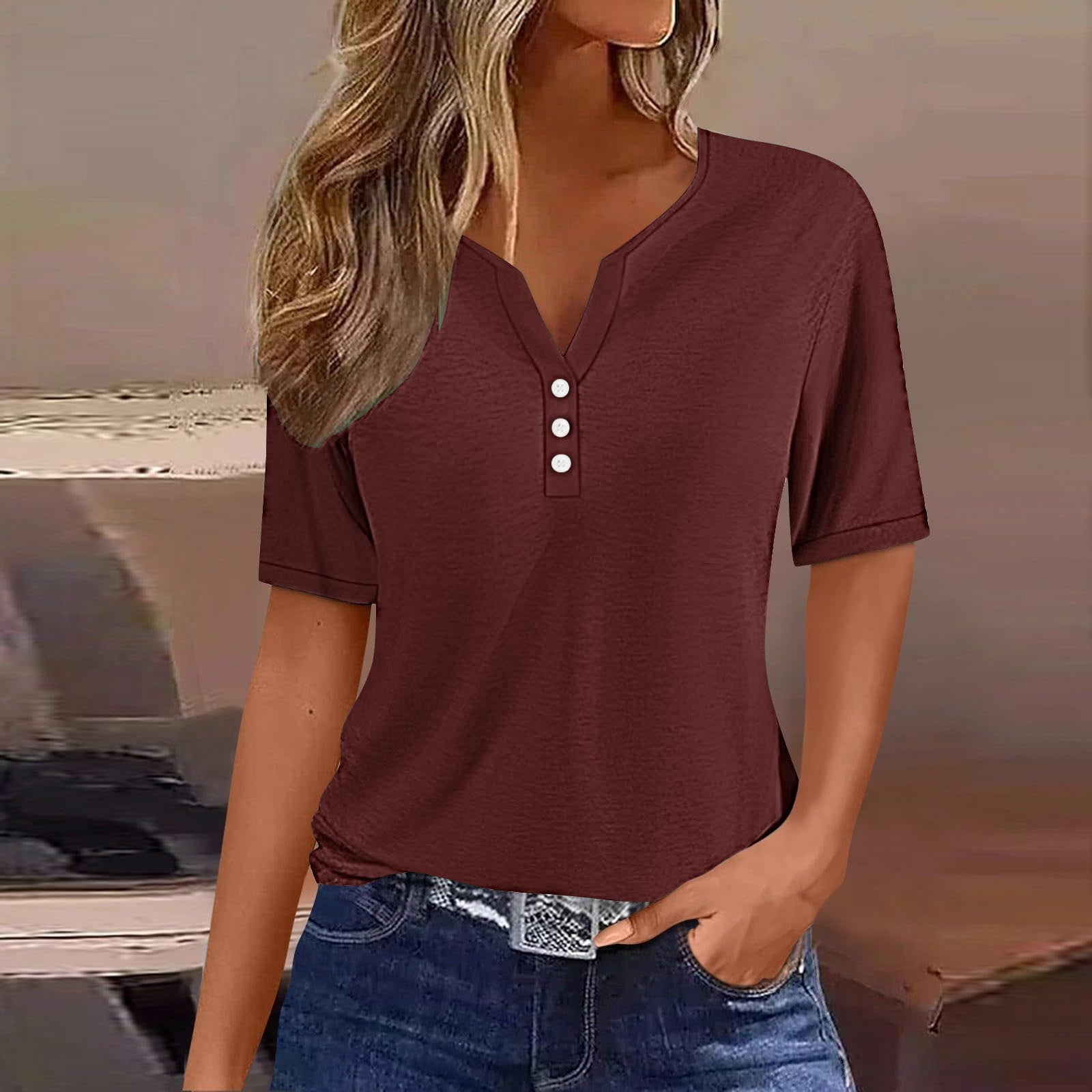 POROPL Cute Tops For Women Summer 2024 Short Sleeve Solid Casual V Neck