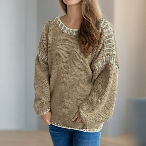 POROPL Fall Sweaters for Women 2025 Long Sleeve Crew Neck Sweater Casual Knitted Size S-XL