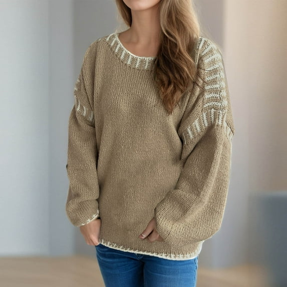 POROPL Fall Sweaters for Women 2025 Long Sleeve Crew Neck Sweater Casual Knitted Size S-XL