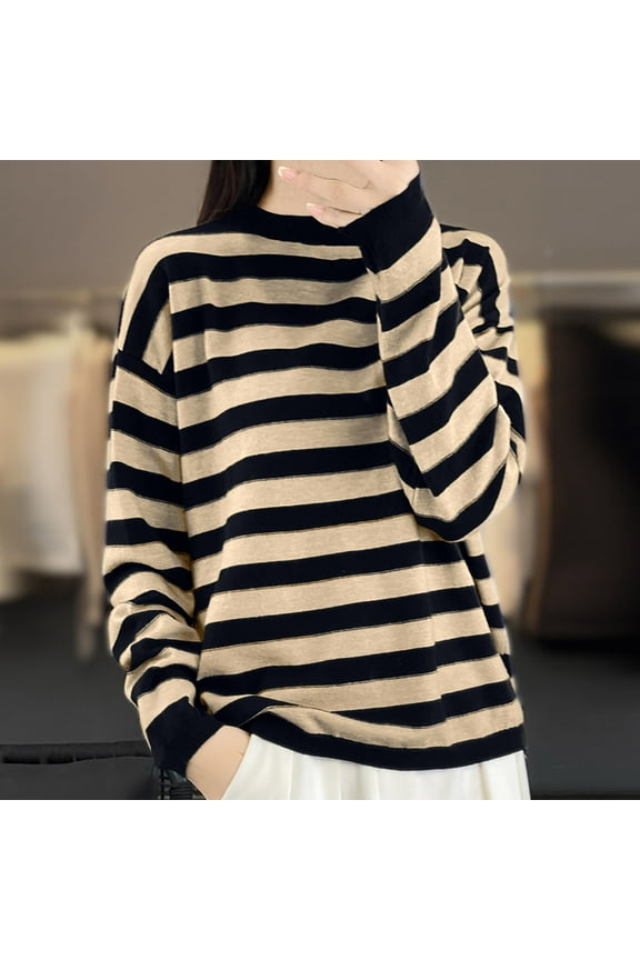 Fall Sweaters for Women 2025 Long Sleeve Crew Neck Sweater Casual Knitted Striped Top,Lightweight,Size M-3XL