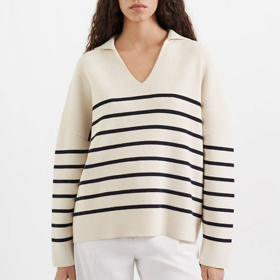 POROPL Fall Sweaters for Women 2025 Long Sleeve V-Neck Sweater Oversized Knitted Striped Top Size S-L