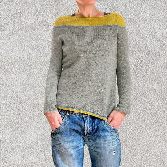 POROPL Fall Sweaters for Women Crew Neck Sweater Oversized Knitted Color Blocked Pullover Size S-5XL