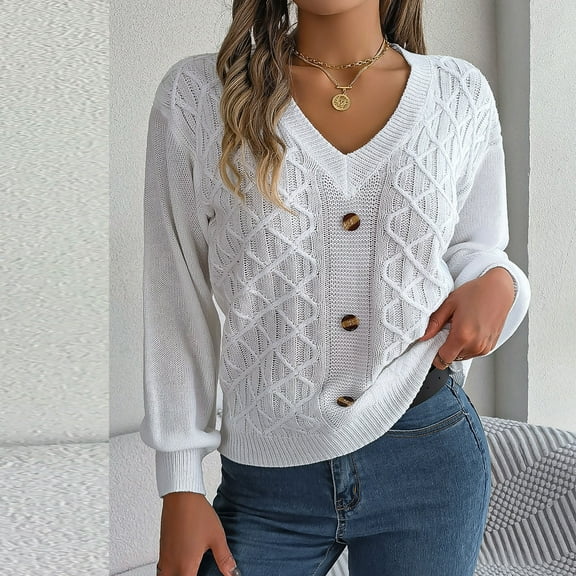 POROPL Fall Sweaters for Women Lantern Sleeve Long Sleeve Open Front Button Down V-Neck Sweater Casual Warm Knitted Top Size S-L