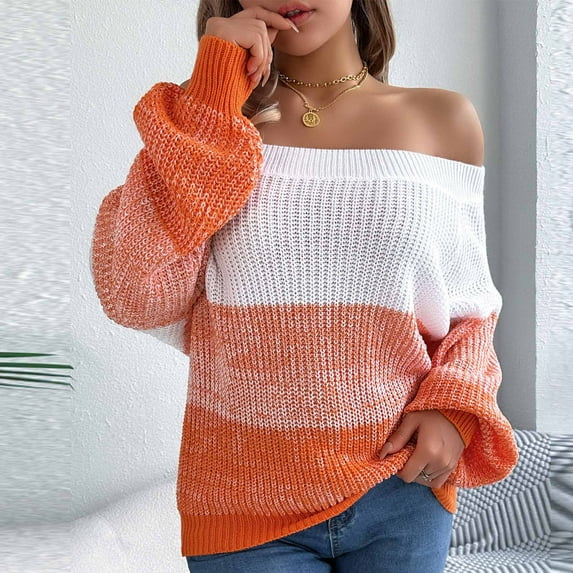 POROPL Fall Sweaters for Women Long Sleeve Boat Neck Sweater Casual Knitted Color Blocked Size S-XL