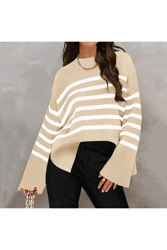 Fall Sweaters for Women Long Sleeve Crew Neck Sweater Oversized Striped Pullover Size S-L