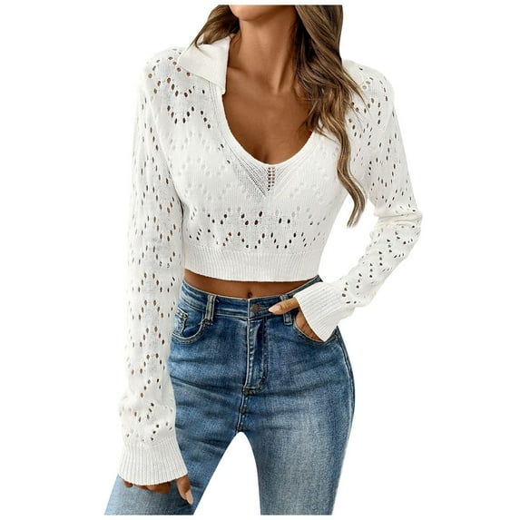 POROPL Fall Sweaters for Women Long Sleeve Cropped Sweater Casual Hollow Knitted Blouse Top,Lightweight,Size S-XL
