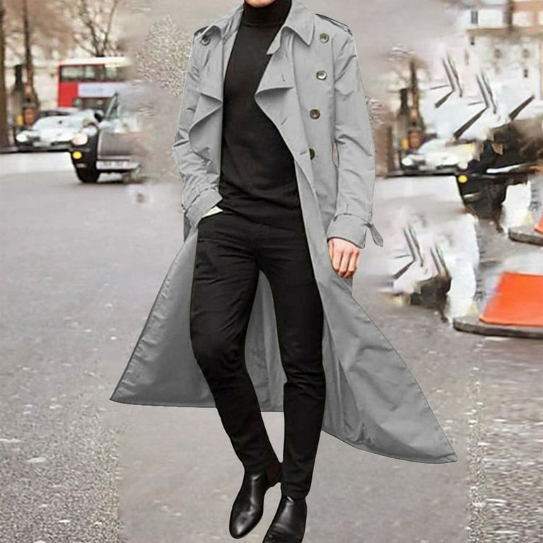 POROPL Gray Trench Coat for Men Winter Solid Color Warm Lapel Coat
