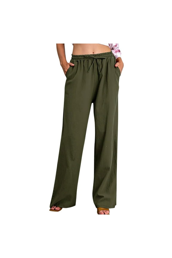 Green Linen Pants Women Loose Wide Leg Drawstring Elastic Waist Pants With Pocket,Beach Pants for Women