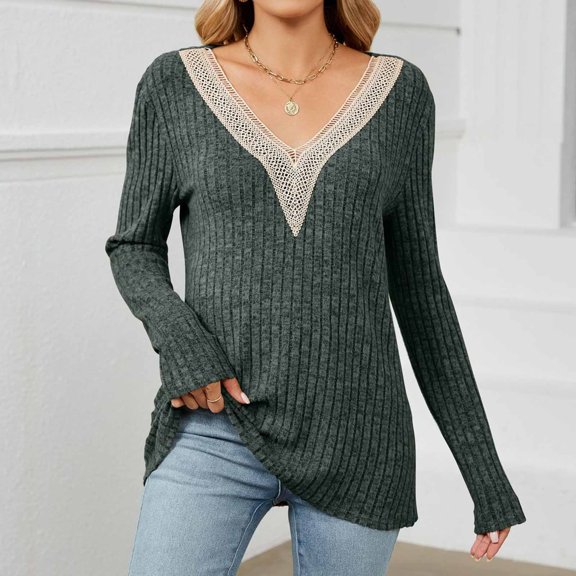 POROPL Green Sweaters for Women Long Sleeve V-Neck Sweater Casual Oversized Knitted Top Size S-XXL