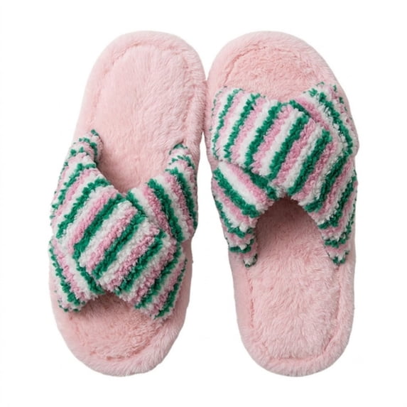 POROPL House Slippers for Women,Plush Warm Fuzzy Striped Cross Band House Shoes Slip On Bedroom Slippers