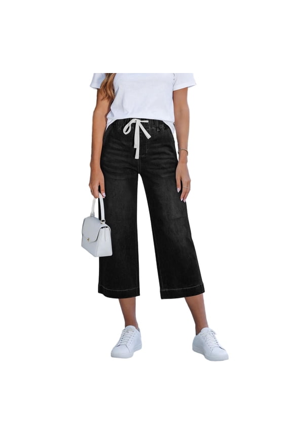 Jean Capris for Women,Wide Leg Drawstring Elastic Waist Jeans with Pockets Summer Pants