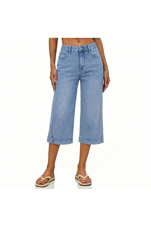 Jean Capris for Women,Zip Fly & Button Closure Wide Leg Jeans with Pockets Summer Pants