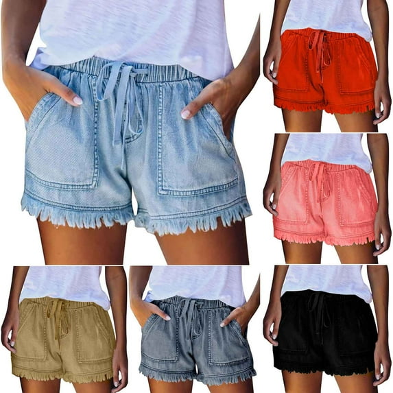 POROPL Jean Shorts for Women Denim Plus Size Summer Stretch Casual Shorts with Pockets Tassel Lace-Up Bottom Short