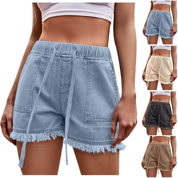POROPL Jean Shorts for Women Denim Summer Casual Elastic Waist Shorts with Pockets