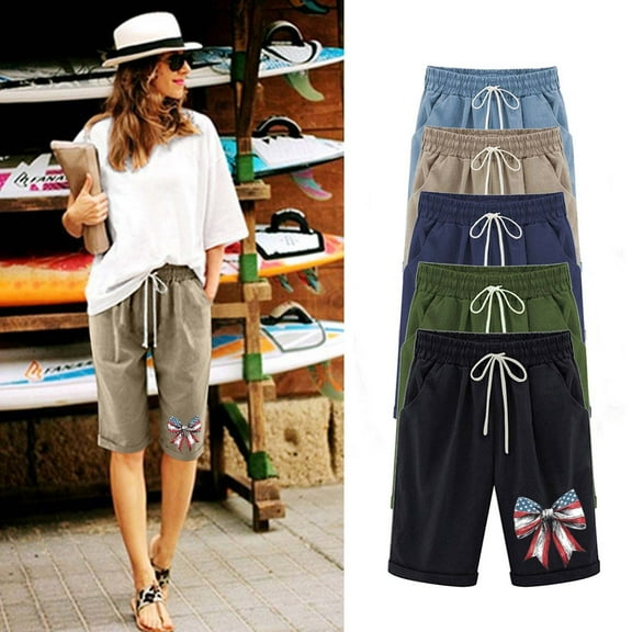 POROPL Knee Length Shorts for Women Summer Fashion Elastic Waist Casual Shorts with Pockets Independence Day Print Short