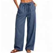 POROPL Linen Pants Women Loose Wide Leg Drawstring Elastic Waist Pants With Pocket,Pants for Fashion